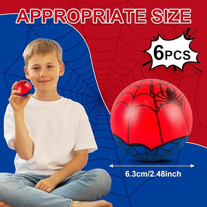 6 PCS Spider Stress Balls for Kids Party Favors, 2.48 Inch Anxiety Relief Fidget Sensory Toys, Spider Theme Squeeze Toys Bulk for Birthday Goodie Bags, Carnival Gifts & Classroom Prizes