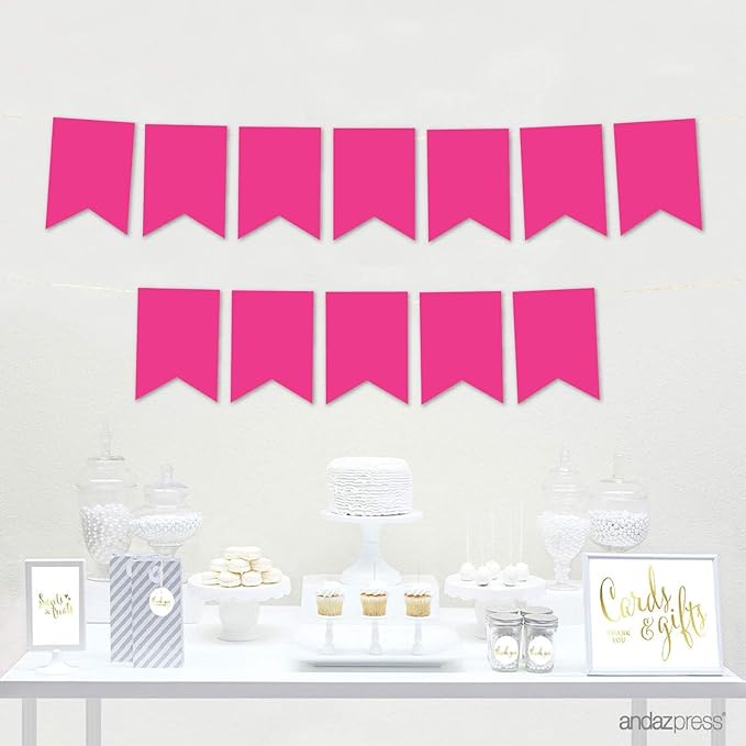 Andaz Press Hanging Pennant Banner with String, Fuchsia Hot Pink, 1-Set, 24 Pennants, Approx. 12-Feet Long