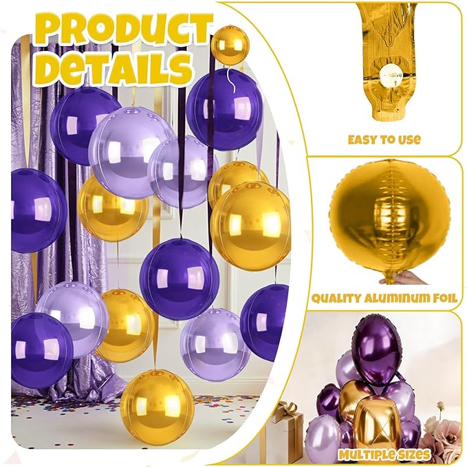 12Pcs Purple and Gold Round Balloons Foil, 22" 18" 15" 10" 4D Round Shaped Ball Balloon, Large Gold Dark Light Purple Metallic Balloons for Graduation Wedding Prom Birthday Party Decorations Backdrop