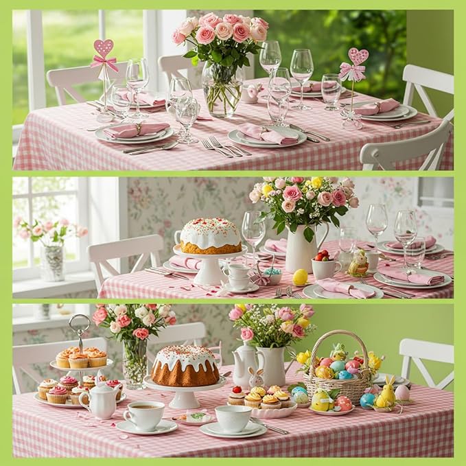 10PCS Premium Plastic Pink&White Checkered Tablecloths, 54*108inch Large Disposable Tablecover for Gatherings, Thickened Rectangle Table Decoration for Picnic, Barbecue,Dinner, Party Supplies Bulk