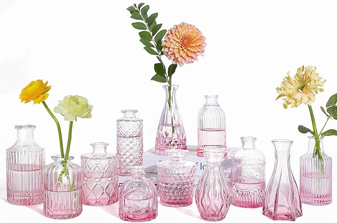 Glass Pink Bud Vases Set of 12, Mini Flower Valentine Vase for Centerpieces, Small Vases in Bulk for Wedding Decorations, Vintage Vase for Table, Home Décor