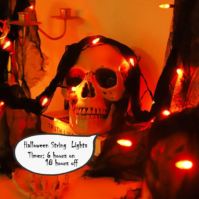 Halloween Fairy String Lights Indoor,Orange Battery Operated Lights, 30LED Battery Powered Timer 8 Mode 9.9Ft, Fall Garland with Black Cloth Gauze for Party Room Mental Fireplace Decorations (1PACK)