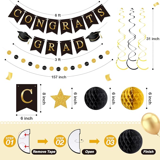 Black and Gold Congrats Grad Banner 2026 Graduation Decorations with Hanging Swirl Honeycomb Ball Circle Garland Grad Party Favor Supplies for College Senior High School Classroom Decor