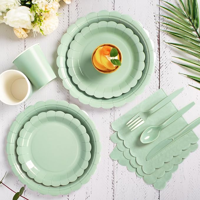 Vyntra 350 Pcs Sage Green Birthday Paper Plates and Napkins Set for 50 Guests, Disposable Party Supplies