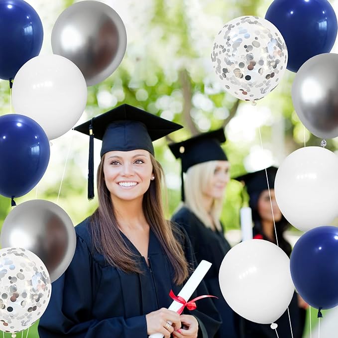 144PCS Navy Blue Silver Balloons Garland Kit, 18 12 10 5 inch Blue White Balloons and Silver Confetti Balloon Garland, Navy White Balloon for Graduation Birthday Baby Shower Wedding Party