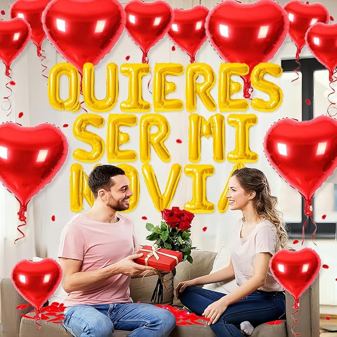 2 Set 16 Inch QUIERES SER MI NOVIA Balloons, Gold Will You Be My Girlfriend Letter Balloons Spanish with 200pcs Artificial Rose Petals for Valentines Anniversary Day Banner Decorations