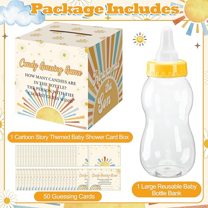 Glenmal 52 Pcs Baby Shower Games Gift Sets Large Baby Bottle for Shower Game Guess How Many Candies Decorations for Gender Reveal(Here Comes the Son)