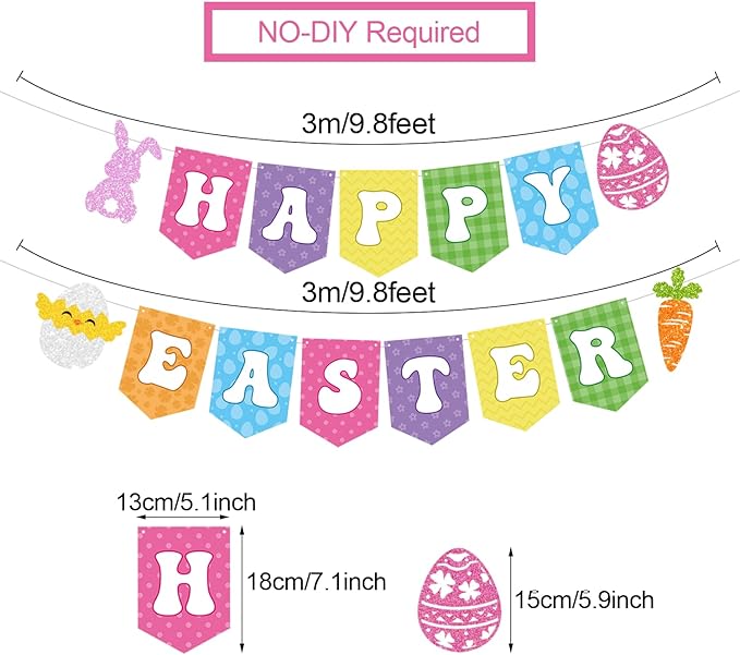 YEIRFYY Easter Decorations Set Happy Easter Banner Colorful Egg Garland Bunny Hanging Swirl Decorations Welcome Porch Banner Spring Paper Fan for Home School Fireplace Ceiling Party Decorations