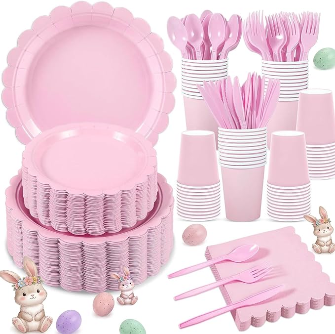 350 Pcs Pink Paper Plates and Napkins, Pink Birthday Decorations Include Paper Plates Napkins Cups Plastic Cutlery for Mothers Day, Baby Bridal Shower, Wedding