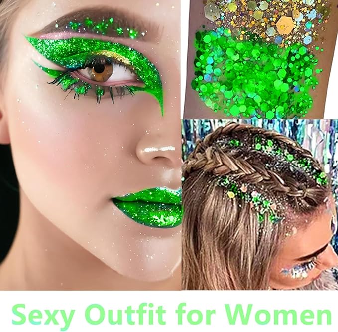 Go Ho Light Green Face Body Glitter,St Patricks Day Accessories - Sparkly Face Hair Glitter Makeup,Green Face Paint,Holographic Chunky Sequins Glitters for Eye Lip Hair