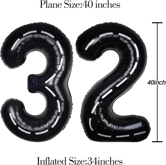 Race Car 40Inch Black 32 Balloon Number Large Helium Race Track 0-9 Giant Digital 32nd Foil Mylar Big Party Number Balloons for Boy Birthday Car Theme Party Anniversary Graduation Decorations