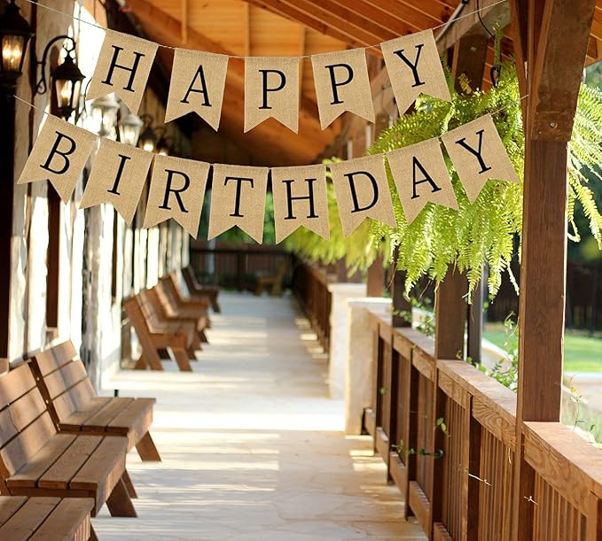 Happy Birthday Banner - Burlap Black Happy Birthday Sign - Neutral Birthday Party Decorations for Man/Woman/Boy/Girl