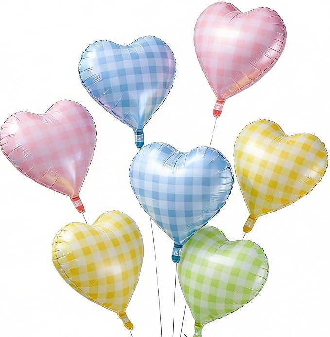 Pastel Checkered Heart Balloons, 18Inch Light Pink Blue Yellow Green Red Rainbow Plaid Heart Shape Foil Balloon, 10Pcs Colorful Grid Helium Balloon for Birthday Retro Y2K Easter Goose Theme Party