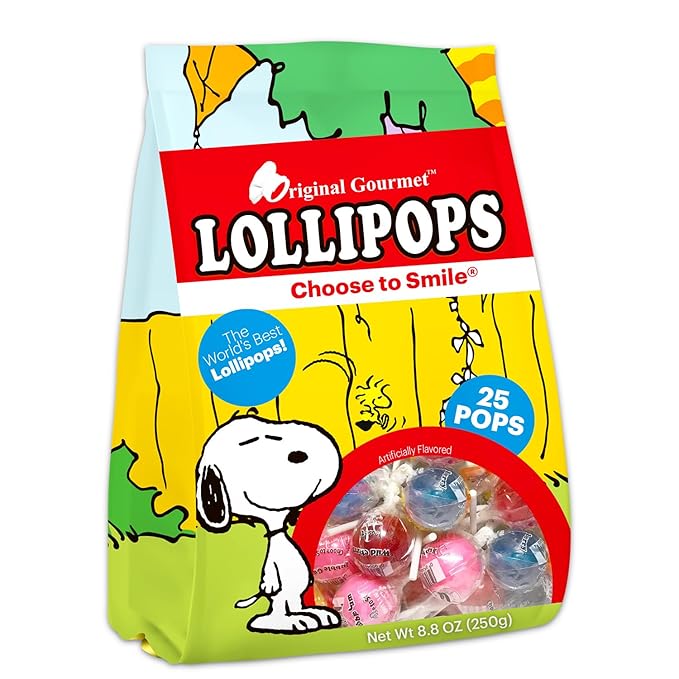 Snoopy Lollipop Bulk Party Bag - 50 Individually Wrapped Peanuts Charlie Brown Halloween Hard Candy Suckers, Sweet Treats, Stickers - Assorted Flavors