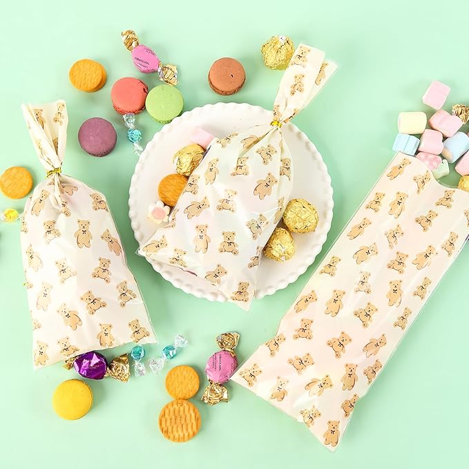 Docvania Bear Cellophane Treat Bags Plastic Gift Bag 100 pcs 5 X 11 Bear Cookie Bags with Ties Goodie Candy Bag Suitable for Mother's Day, Valentine's Day, and Holiday Parties