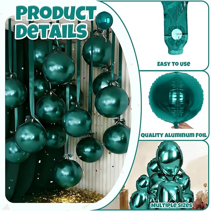 12Pcs Dark Green Round Balloons Foil, 22" 18" 15" 10" 4D Sphere Shaped Balloon Different Size, Large Metallic Green Balloons for Wedding Prom Jungle Baby Shower Birthday Party Decorations Backdrop