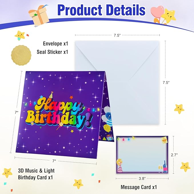 FaCraft 3D Pop Up Musical Birthday Cards for Women Men Kids - Large 7x7 Light Up Birthday Card with Music, Blowable LED Candle, 42s Vocal Song & Fiber Optic Stars with Envelope, Blank Insert, Seal