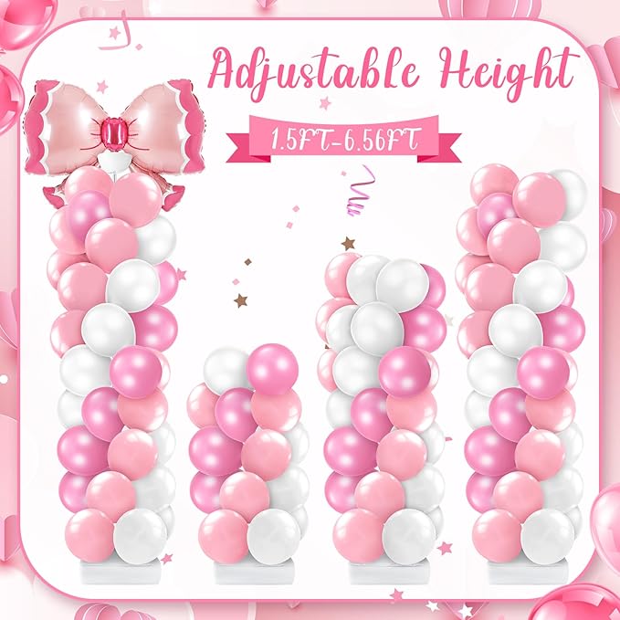 Kasyat 2 Sets Pink Bow Balloon Column Stand Kit with 2 Pink Bow Foil Balloons 100 Latex Balloons, Adjustable Stands Pink and White Balloon Garland Arch for Bridal Princess Birthday Coquette Party