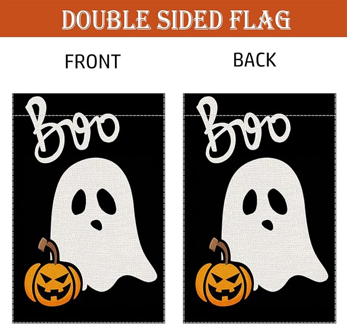 Halloween Garden Flag Ghost Welcome Small Flags for Outside, 12x18 Inch Spooky Boo Double Sided Burlap Holiday Fall Banner Yard Outdoor Decoration