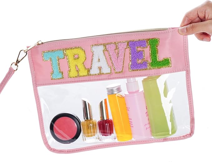 Chenille Letter Bag, Multi-purpose Nylon Clear Makeup Cosmetic Bags Flat Pouches with Zipper for Travel, Gym, Beach (Pink-Travel)