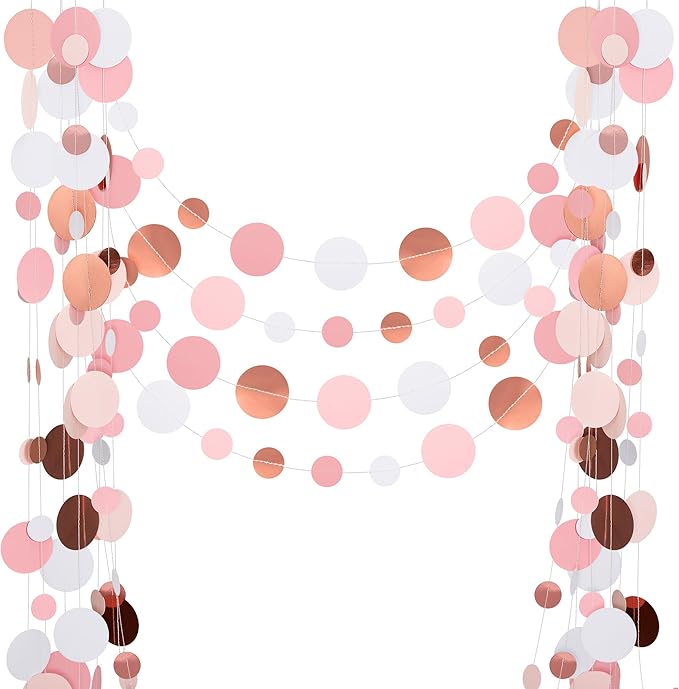52FT Party Garlands, Paper Garland Circle Dots, Hanging Circle Banner Decorations for Birthday, Party, Wedding, Baby Shower, Graduations, Christmas, Wall Decor (Pink Rose Gold Garlands)
