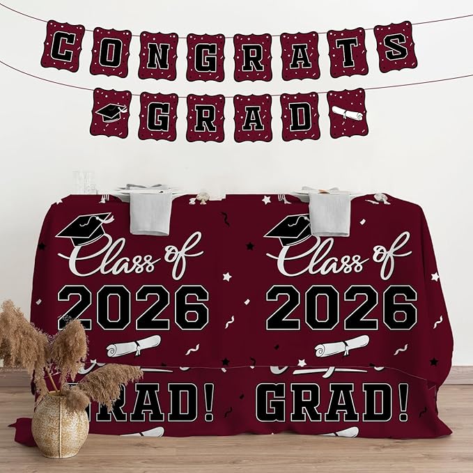 Gatherfun 2026 Graduation Decorations : 2-Pack Congrats Grad Disposable Tablecovers - Class of 2026 Maroon Themed Table Cloths, for Graduation Party Supplies & Graduation Backdrop, 54" X 108"