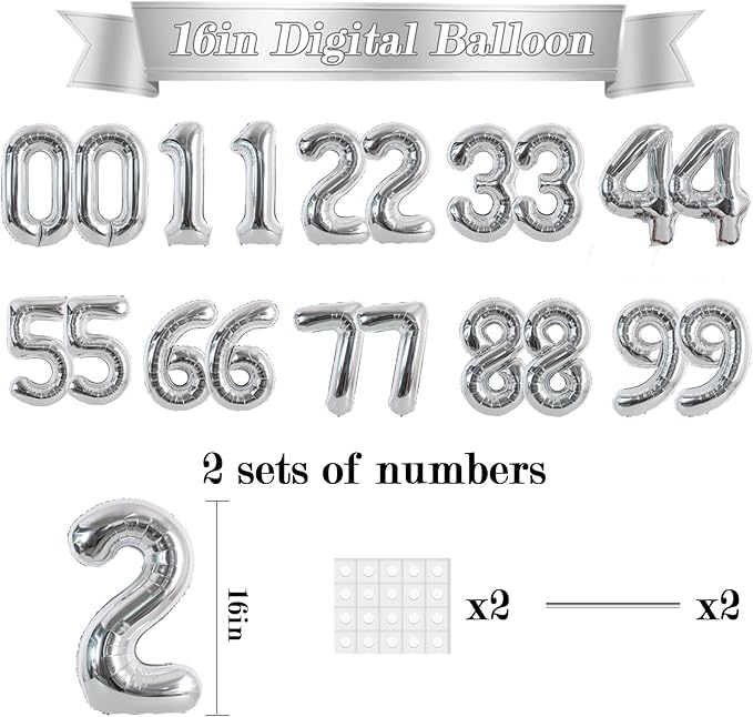 TONIFUL Number Balloons 16 Inch Silver 2 Set 0-9 Number Mylar Foil Balloons 20 Pcs Custom digitalal for 2026 New Year Eve Birthday Party Engagement Graduations Anniversary Baby Shower Decor