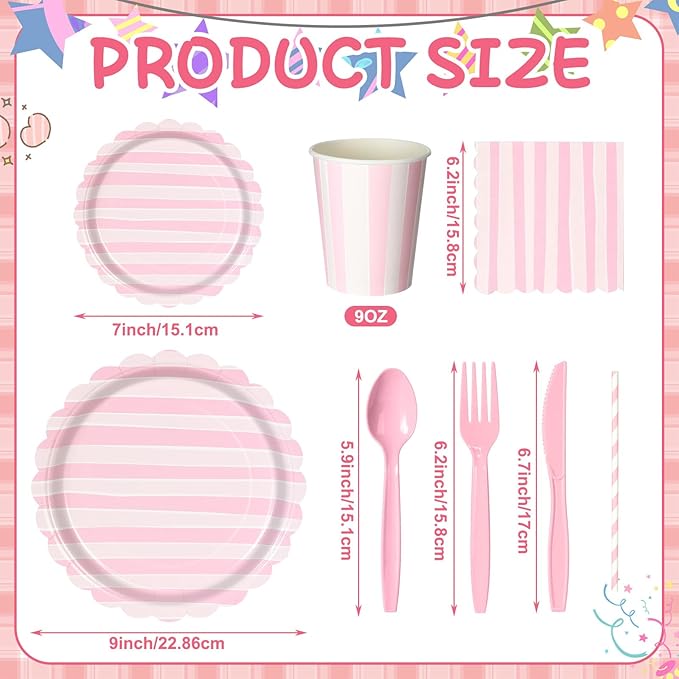 220 Pcs 24 Guests Pastel Stripe Party Decoration Supplies, 7 and 9 Inch Pastel Disposable Paper Plate, Napkins Paper Cup with Straws for Tableware Birthday Wedding Baby Shower Spring Picnic
