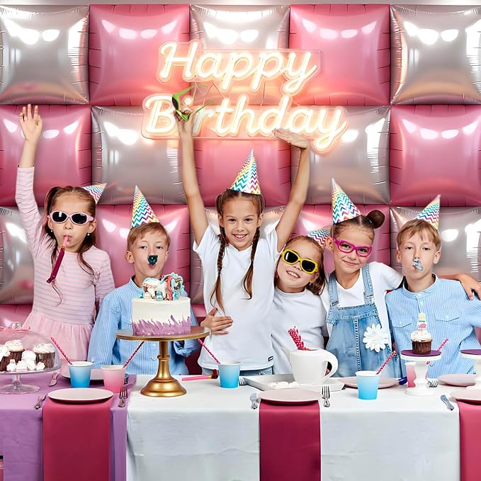50Pcs Pink and Silver Square Foil Balloons Wall Backdrop, Double Sided Metallic Foil Balloons Tunnel Arch Garland Kit for Photo Booth Birthday Wedding Halloween Christmas Party Decorations