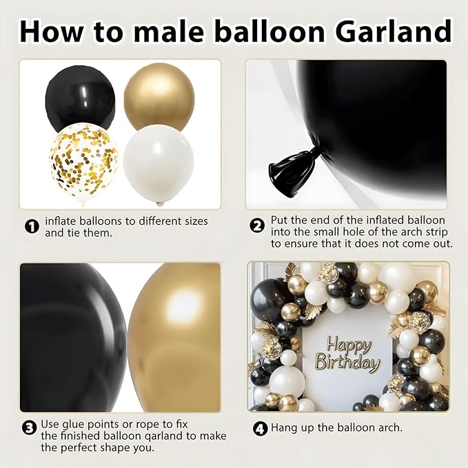 Black Gold White Balloons Arch Kit - 129 pcs Double Stuffed Pearl Sand White Black Chrome Gold with Confetti Balloon Garland for Birthday Graduation Father's Day New Year's Party Decoration
