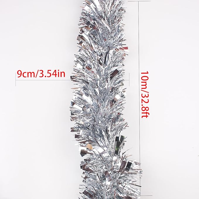 33FT Christmas Tinsel Garland,Silvery Shiny Metallic Foil Decorations for Parade Floats, Halloween, Christmas Tree, New Year Parties,Birthday Party,Indoor and Outdoor Disco Party Supplies