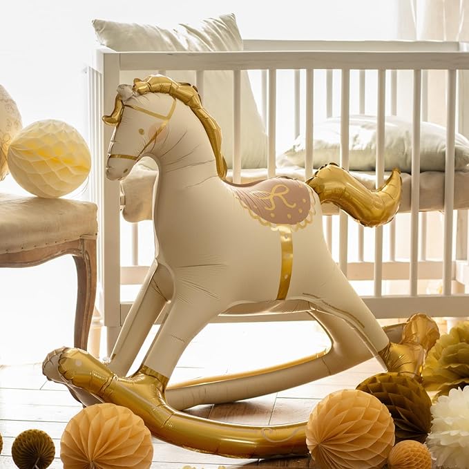 Inflatable Standing Rocking Horse Balloon PartyDeco 41.5x34 Inch, Large Horse-Shaped Air Balloons, Gold and White Foil Baby Shower Cowboy Decoration Gender Neutral Nursery or Party Decor