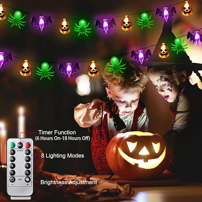 Halloween Lights Decor, 16 FT 30 LED 3D Pumpkin Bat Spider Battery Operated String Lights with Timer, 8 Lighting Modes Fairy Light for Home Door Porch Indoor Outdoor Halloween Party Decorations