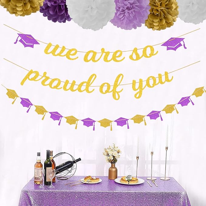 Purple White-Gold Party-Decoration Graduation Banner - 8pcs Kits Cap Garland Streamers, Paper Tissue Pom Poms Flowers,We are So Proud of You Congratulations Grad 2024 Decor Lasting Surprise
