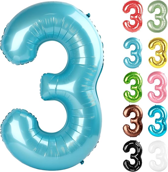 Pearlescent Blue Number 3 Balloon 40 Inch, 3 Balloon Number, 3rd Birthday Decorations, Pearlescent Blue Party Supplies for Boys Girls