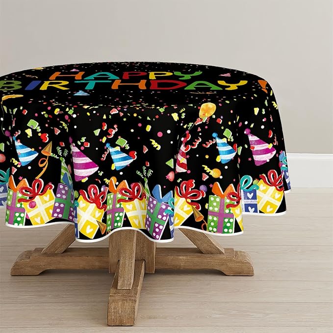 Horaldaily Birthday Tablecloth 90x90 Inch Round, Happy Birthday Ballon Black Washable Seasonal Table Cover for Party Picnic Dinner Decor