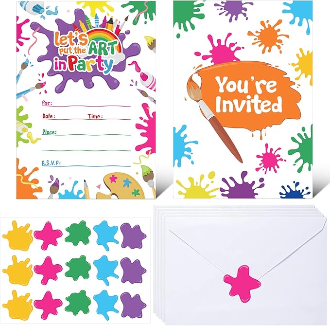 Pajean 24 Set Art Painting Party Invitations with Envelopes Colorful Birthday Cards Paint Themed Invitation Letters Paint Fill in Invites with 30 Stickers for Art Party Supplies
