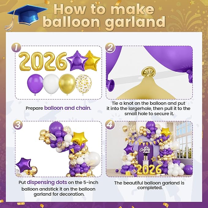 Purple Gold White Balloons Arch Kit, Purple White Balloons with Star Balloon Pennant Flag Bunting 2026 Foil Balloon Banner, Gold Confetti Balloon Garland for Class of 2026 Graduation Theme Party