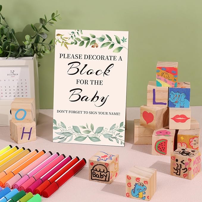 Baby Shower Games Sign Kit with 50 Blank Wooden Baby Blocks, 24 Acrylic Paint Marker and Wooden Sign, Blocks for Baby Shower, Gender Reveals Party(Green)