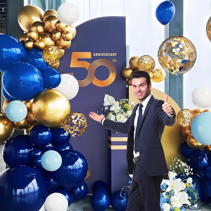 Navy Blue White Gold Balloon Garland Arch Kit, 147PCS Royal Dark Pastel Blue White Gold Balloons with Confetti for Birthday Party Baby Shower Wedding Graduation Decorations