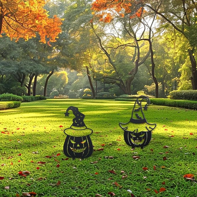 WADORN 2Pcs Halloween Pumpkin Metal Decorative Garden Stakes, Halloween Bat Black Metal Yard Decoration Stakes Pumpkin Silhouette with Witch Hat Garden Ornament Gifts for Outdoor Backyard Lawn Patio