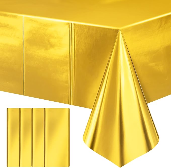 4 Pieces Bright Gold Metallic Foil Tablecloth - Stunning Matte Finish, Durable and Easy to Clean - Perfect for Bachelorette, Birthday, Wedding, and Anniversary Party Decorations