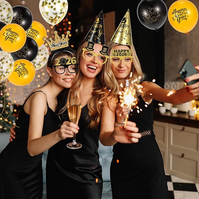 48 Pieces New Years Eve Party Supplies 2026, Happy New Year Decorations Kit Includes Party Headband Tiaras Noise Makers Cone Hats Latex balloons for NYE Decorations