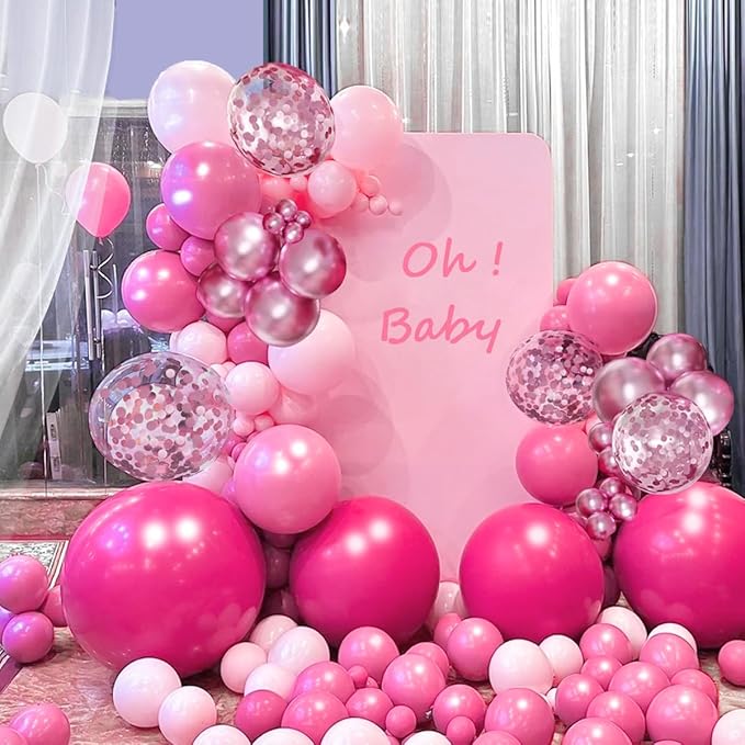 Pink Balloon Arch Kit, 146 PCS Hot Pink Light Pastel Pink Metallic Balloons Garland with Confetti for Bridal Baby Shower Birthday Princess Wedding Party Decorations