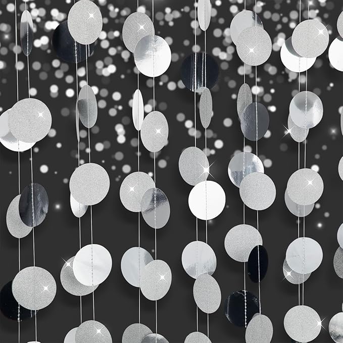 Syhood 10 Pcs Party Decorations Paper Dot Circle Garlands Glitter Streamers Hanging Banner Decor for New Year Baby Shower Wedding Birthday Backdrop Supplies (Silver)