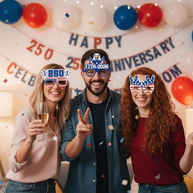 Pajean 32 Pcs 250th USA Patriotic Party Decorations Eyeglasses 250th Anniversary Themed Paper Glasses Supplies USA Patriotic Photo Booth Props Frame for Independence Day Memorial Decor Favors Supplies