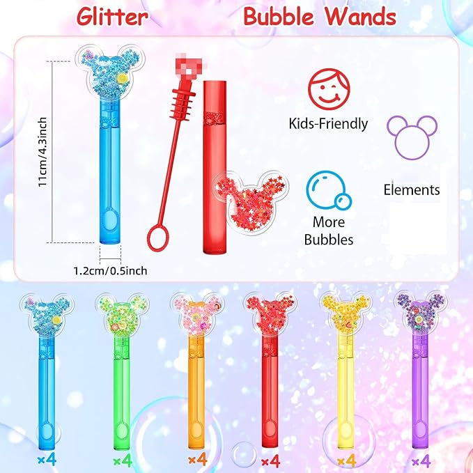 AFZMON 24 Glitter Mouse Ear Bubble Wands for Kids, Mouse Party Favors Mini Bubbles Birthday Gift Toy Goodie Bag Stuffers Classroom Prizes Wedding Party Supplies