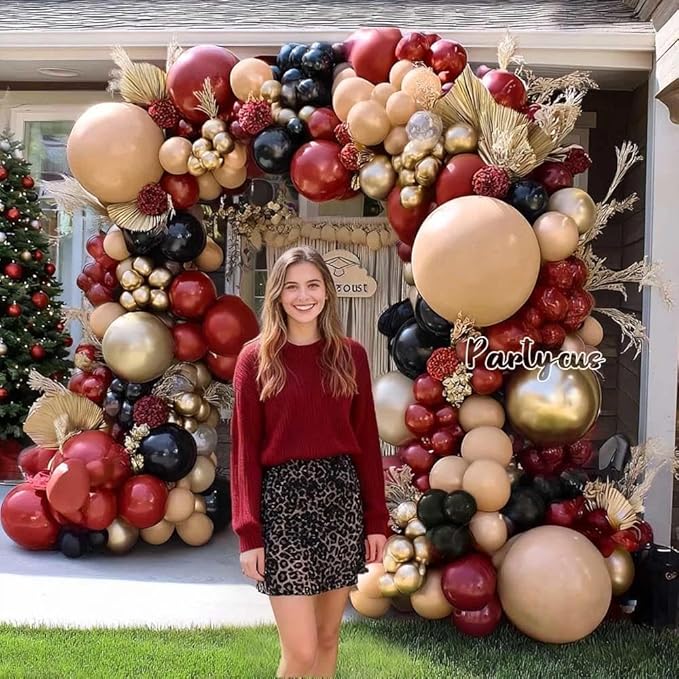 Burgundy Black Balloon Arch Kit Double Stuffed Nude Maroon Metallic Wine Red Apricot Balloon Garland with Gold Latex for Birthday Anniversary Wedding Bridal Graduation Mother's Day Party Decoration