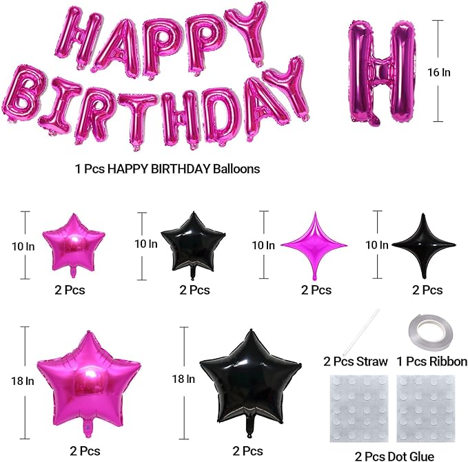 KALOR Hot Pink and Black Happy Birthday Balloons Kit with 16 Inch Mylar Foil Letters Balloon and Star Balloons for Birthday Party Decorations Photo Booth Backdrop