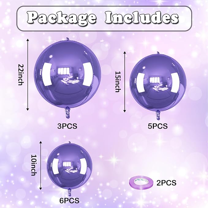 14 Pcs Purple Round Foil Balloons 22/15/10 4D Ball Balloons Light Baby Lavender Purple Metallic Balloon Ornament Mylar Balloon for Birthday Graduation Wedding Anniversary Disco Party Decor